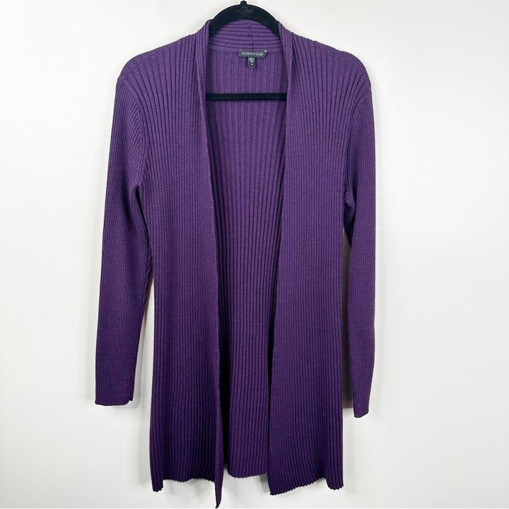 Eileen Fisher Sweater Cardigan Womens XS Purple Ribbed Merino Wool Open Front